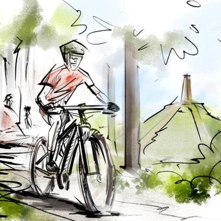 Tekening van mountainbiker op de fiets door het bos en in de achtergrond pyramide van Austerlitz