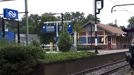 Treinspoor met daarachter stationgebouw op station Den Dolder