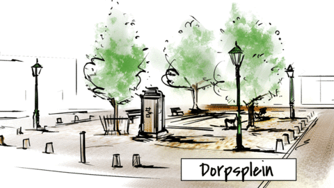 Tekening van het Dorpsplein met waterpomp en paar bomen in Austerlitz