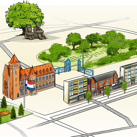 Getekende straten in centrum Zeist met gemeentehuis, panden langs de Slotlaan, Walkartparken beeld Eden 