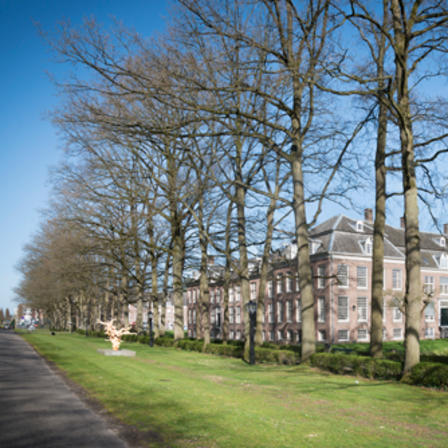 Groenstrook langs Slotlaan met zicht op gebouwen van Broederplein