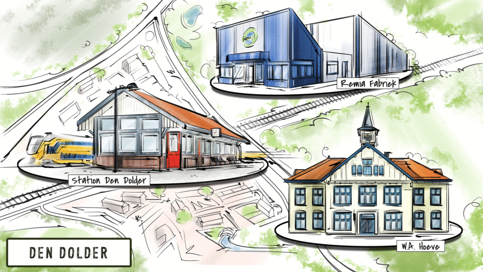 Illustratie van Den Dolder met station Den Dolder, de Remia fabriek en de WA-hoeve